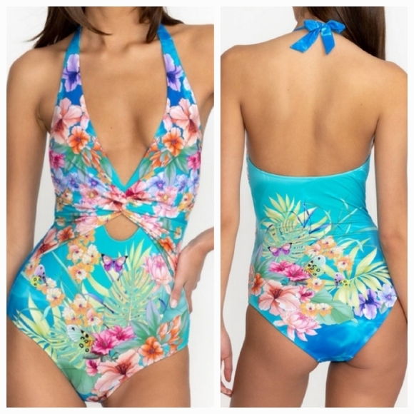 NWT Johnny Was One Piece Swimsuit Women Size XL Multicolor Tie-Dye Twist Keyhole - Picture 1 of 16